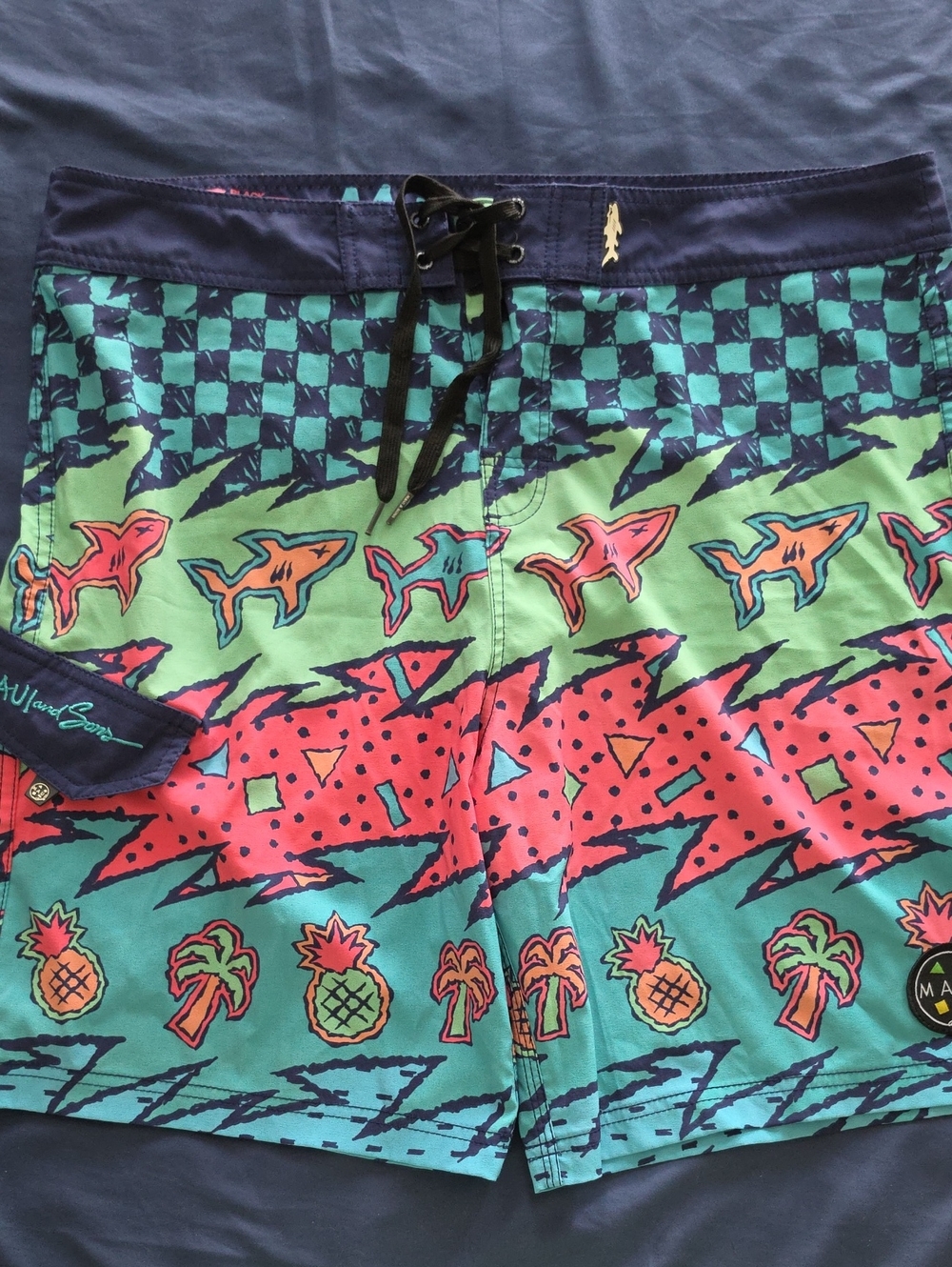 Maui and Sons Teal Navy Pink Graphic Shark & Pineapple Boardshorts